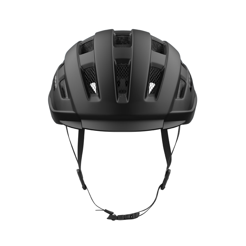 Vue de face d’un casque laser noir clipsé sur fond blanc