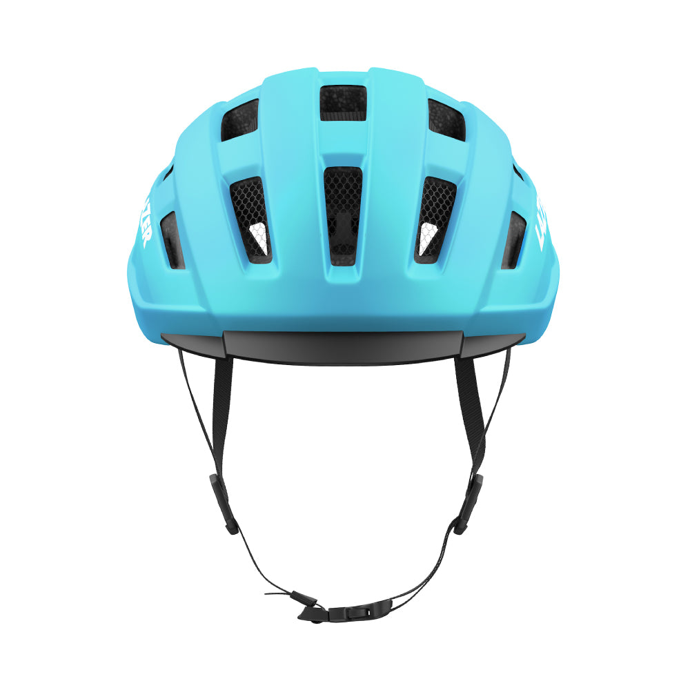 Vue de face d’un casque laser bleu clipsé sur fond blanc 
