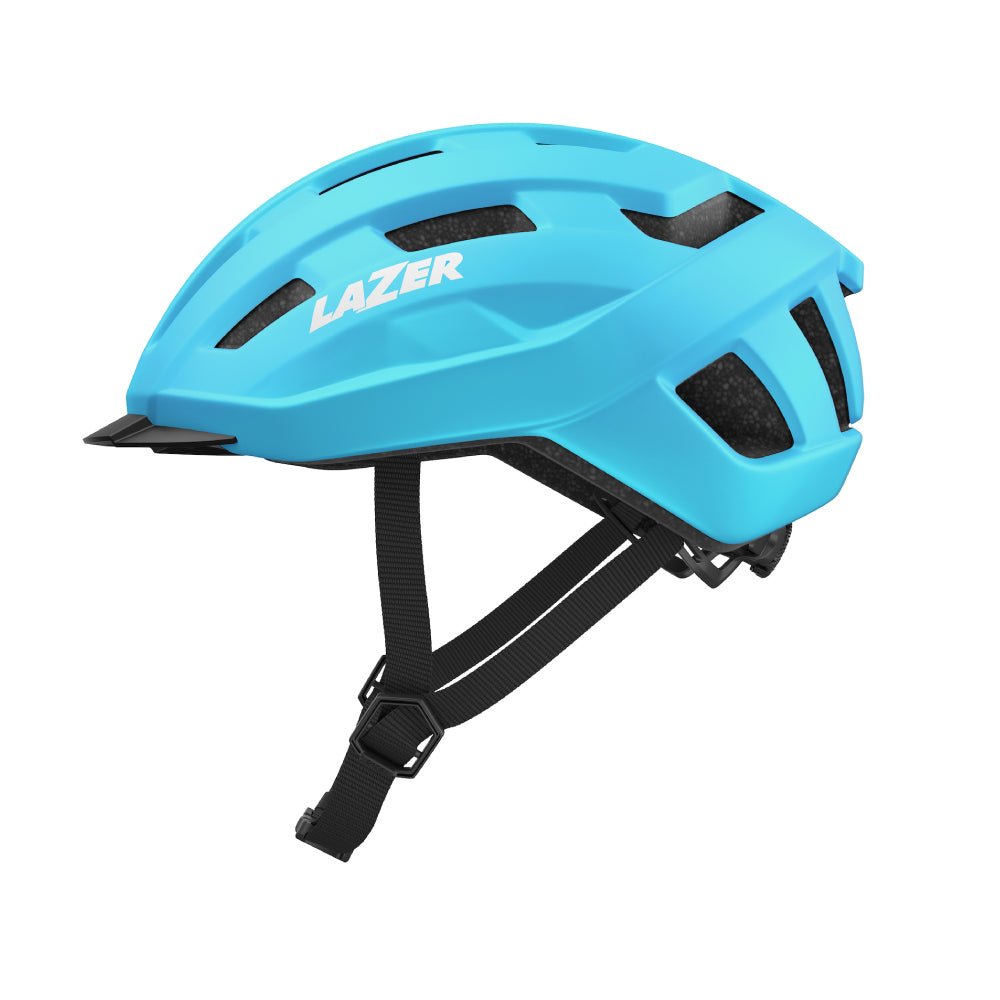 Vue droite d’un casque laser bleu clipsé sur fond blanc