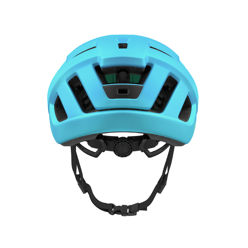 Vue arrière d’un casque laser bleu clipsé sur fond blanc